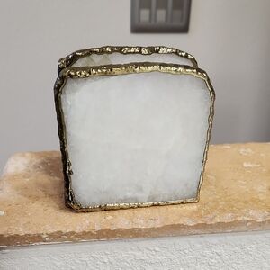 Chic White Stone Napkin Holder with Gold Edging